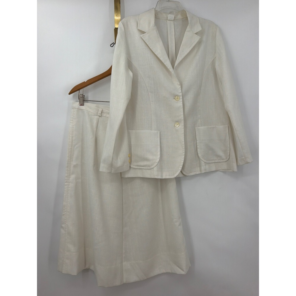 Vintage White Linen A‎ Line Skirt Suit Set Blazer Midi Made in USA Size 15/16